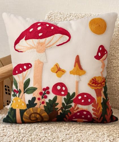 Embroidered Throw Pillow Cover 18x18 Inch, Mushroom Moon by Kokaaee