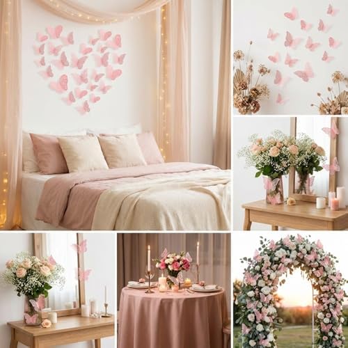 Bememo 72 Pcs 3D Butterfly Wall Decals, 3 Sizes,Light Pink | Metallic Hollow Design for Bedroom Living Room, Removable Adhesive Wall Decor, Easy Peel Stick Party Decoration Stickers - Image 2