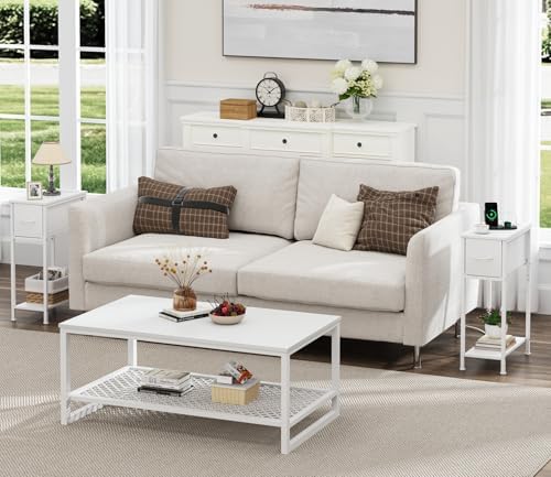 Vagusicc End Table Set of 2 with Charging Station, Narrow Side Table Nightstand with Fabric Drawer, Slim Nightstand for Bedroom, Small Bedside Table, Slim Sofa Side Table for Small Spaces, White - Image 2