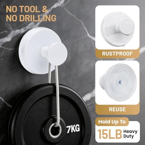 Suction Cup Hooks for Shower No-Drill Bathroom Hooks for Towels, Robes, Loofah Mountable on Bathroom Walls, Kitchen, Glass, Mirrors, Tile and Smooth,Non-Porous Surfaces (2, White) - Image 2