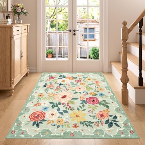 DUKINO 4x5 Area Rug for Entryway, Soft Floral Washable Rug Non Slip, Green by DUKINO