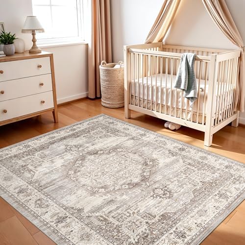 Washable Area Rugs 5x6 Entryway: Soft Ultra Thin Low Pile Mat Machine Washable Indoor Doormat Lightweight Entry Rug Anti Slip Backing Rugs for Living Room Bedroom Kitchen 5'x6' Beige - Image 5