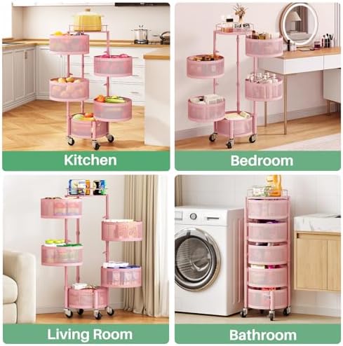 SAYZH 5 Tier Fruit Vegetable Basket Stand for Kitchen, Rotating, Pink - Image 6