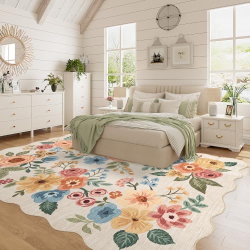 DUKINO 5x7 Area Rugs for Bedroom, Floral Washable Rug Non Slip Beige Yellow - Image 3