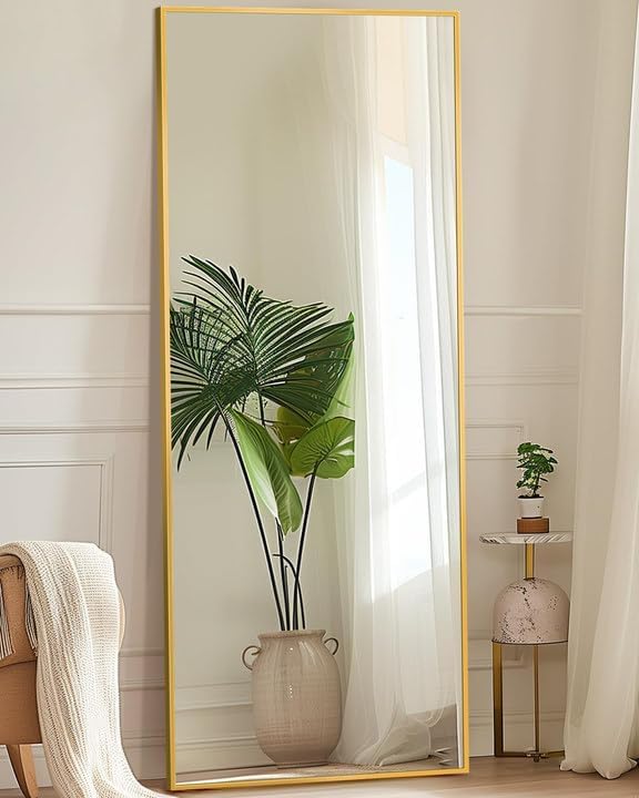 Antok Full Length Mirror, 56"x14" Floor Mirror with Stand, Gold, Rect - Image 9