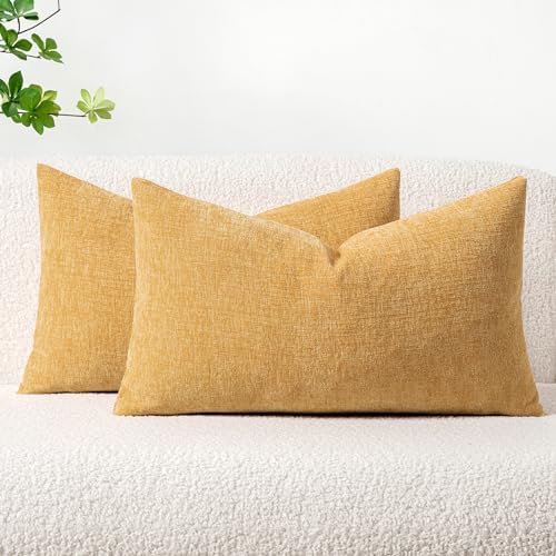 MIULEE Soft Chenille Lumbar Throw Pillow Covers Beige Yellow 12x20 Inch by MIULEE