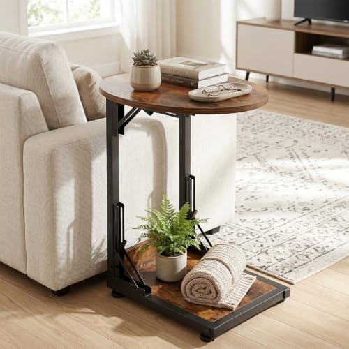 C Shaped Side Table, Folding End Table with Metal Frame, Foldable Table for Eating, Couch Sofa Table,Slide Under TV Tray Table for Living Room, Bedroom, Small Spaces (Brown) - Image 2