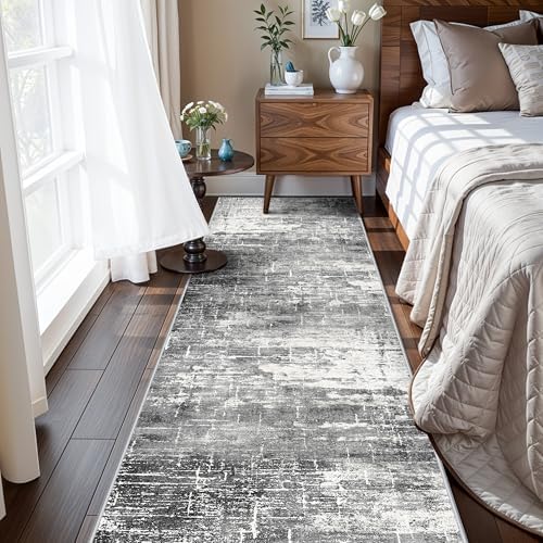 Washable 2x5 Kitchen Area Rug: Non-Slip Abstract Water-Resistant Entryway Rug Soft Sink Fridge Area Bedroom Carpet Low Pile Floor Mat for Bathroom Laundry Nursery Non-Shedding Runner(2X5,Black/Grey) by HYHAOYUNLAI