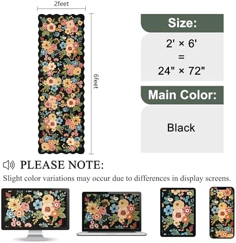 DUKINO 2x6 Runner Rug, Floral Washable Rug for Kitchen Non Slip, Black - Image 2