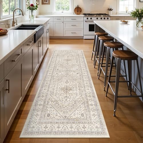 3x8 Washable Hallway Runner Rug - Non-Slip Vintage Kitchen Rugs Beige Gray by Puino