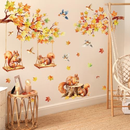 Fall Maple Leaf Wall Decal Autumn Maple Tree Wall Sticker Peel and Stick Squirrel Bird Home Decor Fall Thanksgiving Harvest Wall Stickers for Bedroom Nursery - Image 3