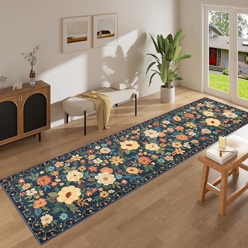 DUKINO 2.6x14 Washable Runner Rug, Floral Non Slip Runner Rug, Navy Blue - Image 6