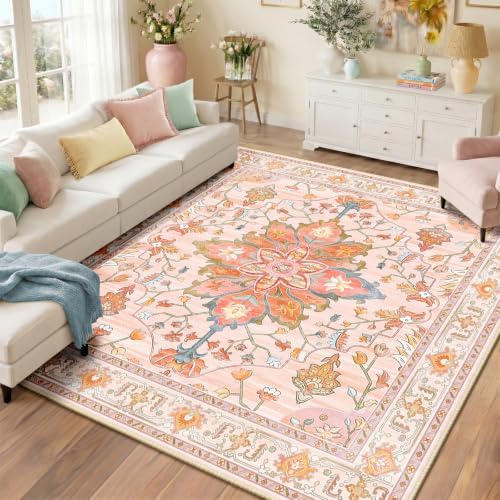 RELEANY Washable Area Rug, Square 8'x8', Pink/Light Pink/Colorful by RELEANY