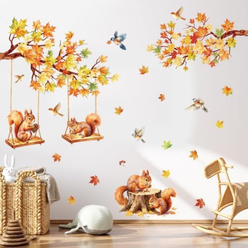 Fall Maple Leaf Wall Decal Autumn Maple Tree Wall Sticker Peel and Stick Squirrel Bird Home Decor Fall Thanksgiving Harvest Wall Stickers for Bedroom Nursery - Image 2