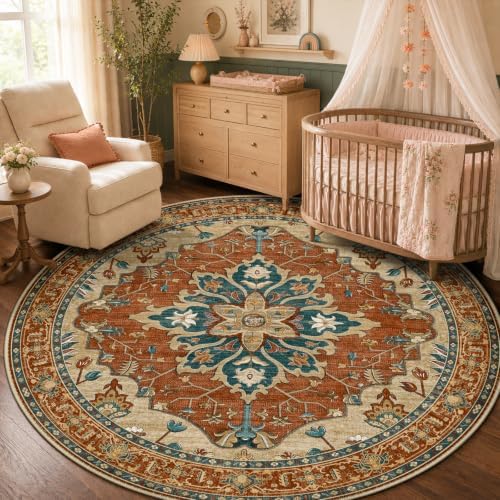 RELEANY Washable Area Rug, Round 5ft, Red/Orange/Blue/Brown by RELEANY