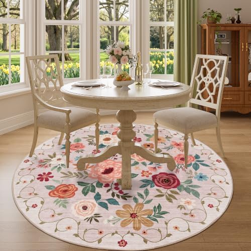 DUKINO 5ft Round Rug, Non Slip Floral Washable Small Circle Rug, Beige - Image 7