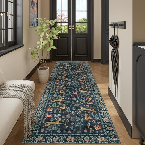 DUKINO 3x10 Washable Runner Rug, Non Slip Animal Rug for Hallway, Navy Blue by DUKINO