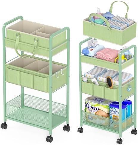 LIDTOP 2in1 Baby Diaper Caddy Organizer Cart, 3-Tier Rolling Cart, Metal Diaper Caddy Carts, Bedside Carts for Nursery Essentials Storage, Detachable Dividers, Large Capacity, Green by LIDTOP
