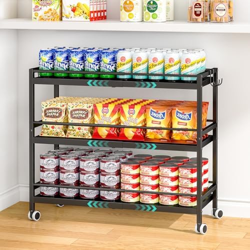 3-Tier Expandable Rolling Pantry Organizers and Storage Cart with Wheels, Adjustable Pantry Floor Organizer, Snack Cart for Pantry, Kitchen Storage Cart with 4 Hooks for Snack, Food, Vegetables, Black by 3IngSeagulls