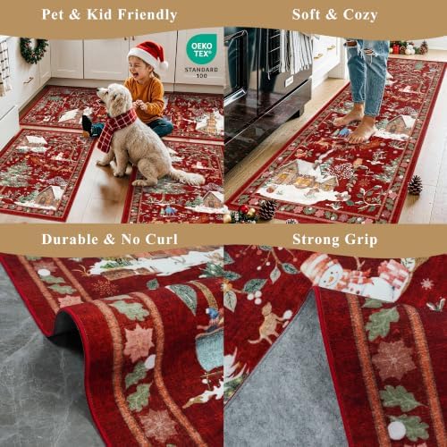 3-Piece Christmas Rug Set for Kitchen: Red Washable Throw Kitchen Mat Low Pile Soft Non-Slip with Rubber Backing for Sink Floor Mat ＆Holiday, Hallway, Entryway - Image 6