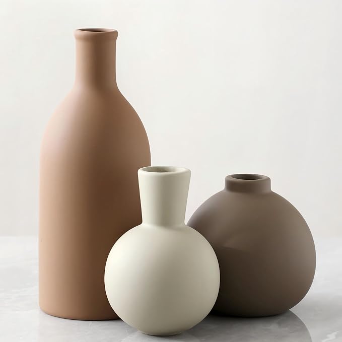 Vase Set of 3 | Ceramic Neutral Vases Home Decor | Rustic Flower Pottery Vases Modern Farmhouse Vase for Table Entryway Mantel Centerpiece Bookshelf Living Room Bathroom Bedroom -Brown Large by ooit
