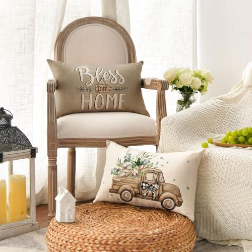 AVOIN Colorlife Bless Our Home Farmhouse Eucalyptus Leaves Throw Pillow Covers, 12 x 20 Inch Truck Sweet Home Cushion Case Decorations Set of 4 - Image 3