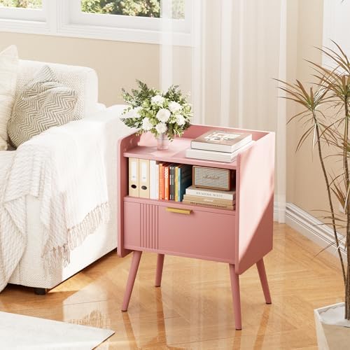 Aenuert Night Stand Modern End Table with Storage Drawer and Open Shelf, Small Bedside Stand, Wooden Sofa Side Table for Bedroom,Study Room and Small Spaces (Pink) - Image 4