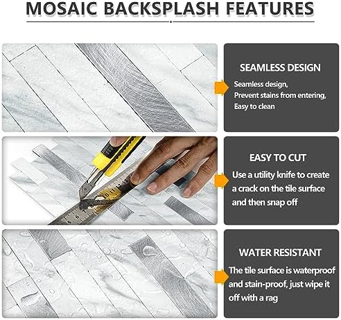 STICKGOO Peel and Stick Backsplash Tile, Volakas White with Silver Metal - Image 4