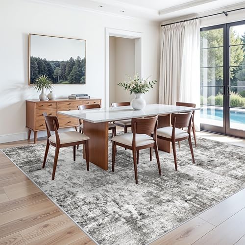 8x8 Square Area Rug Living Room – Non-Slip Washable Large Floor Carpet for Bedroom Dining Room Playroom Room – Modern Abstract Neutral Thin Low-Pile Big Indoor Rug (Grey) - Image 5