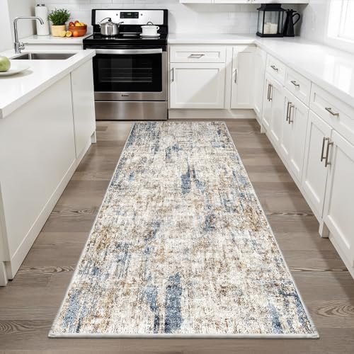 3x6 Washable Non-Slip Kitchen Runner Rug – Modern Abstract Wide Floor Carpet Runner with Rubber Backing for Entryway, Hallway, Bathroom, Living Room, Low Pile Thin (Blue Brown) - Image 3