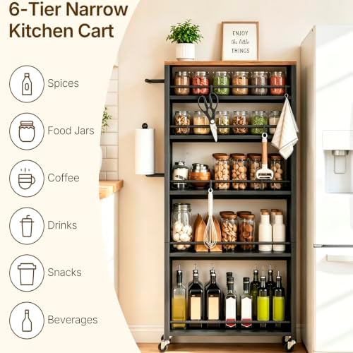 YATINEY 6 Tier Slim Storage Cart, Narrow Kitchen Cart with Wheels, Rolling Utility Cart with Handle and 6 Hooks, Space Saving Organizer for Kitchen, Bathroom, Laundry Room, Rustic Brown BC11BR - Image 2