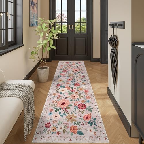 DUKINO 2.6x12 Kitchen Runner Rug, Floral Non Slip Long Washable Rug, Beige - Image 6