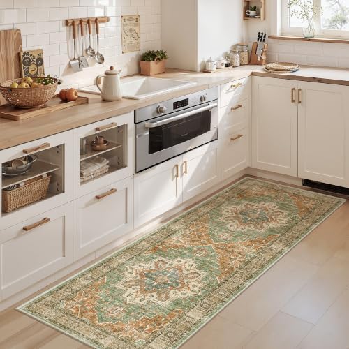 Madane Washable Kitchen Runner Rug 2x6 Hallway Runners, Brick/Brown/Green by Madane