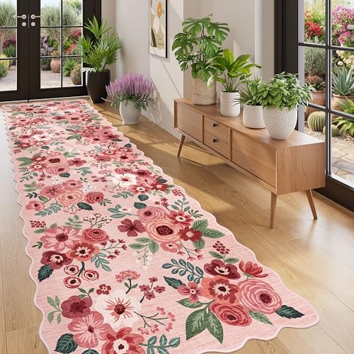 DUKINO 3x10 Runner Rug, Non Slip Floral Washable Rug for Hallway, Pink - Image 3