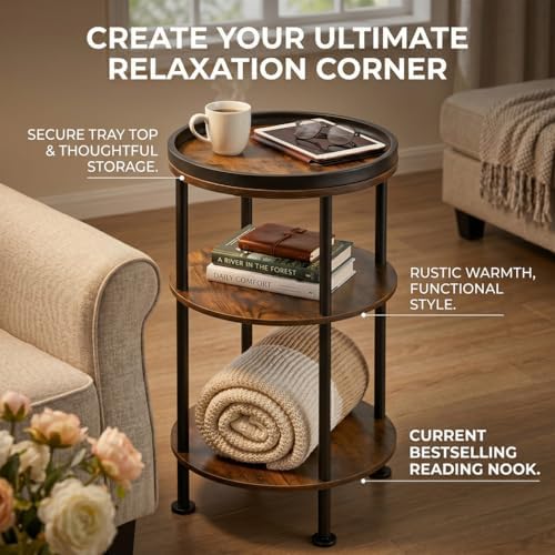 Small Round Side Table with Tray Top, Rustic Brown - Image 4