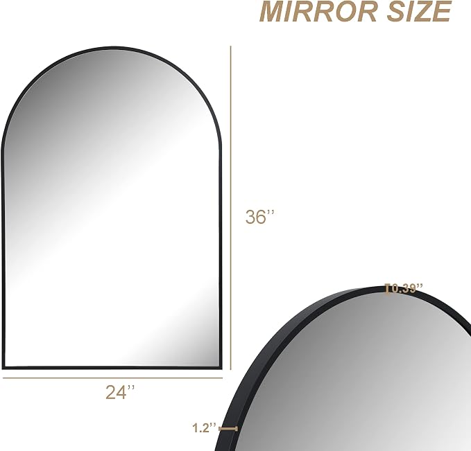 Arched Bathroom Mirror for Wall, 36" x 24" Metal Frame Vanity Mirror, Black - Image 6