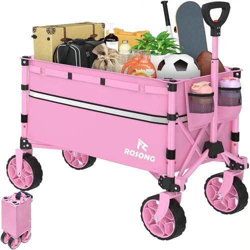 ROSONG Collapsible Wagon Cart with Wheels Foldable - Folding Utility Heavy Duty Wagons Carts for Grocery Sports Garden Shopping Camping Wheelbarrows (Pink, 120L) by ROSONG
