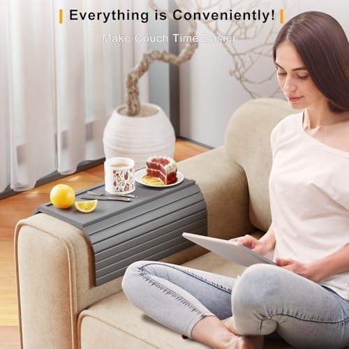 Bestjing 2 in 1 Bamboo Sofa Armrest Tray Table for Couch (Gray) - Image 5