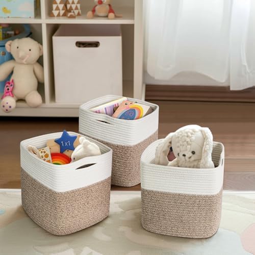 11x11 Cube Storage Bin - 3 Pack Woven Storage Cubes Organizer, 11 Inch Cotton Rope Baskets for Organizing, Square Baskets for Shelves, Baby Nursery Closet Bins, Cubby Toy Box Organizer - Image 5