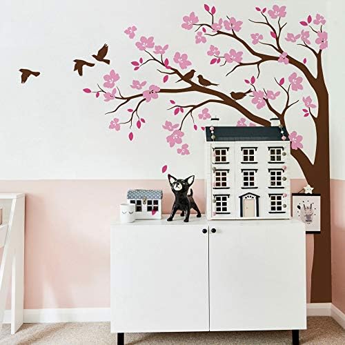 Large Corner Tree Wall Decal with Big Blossoms, Birds and Leaves Nursery Wall Art Sticker Mural 087 (Leaning Left, Brown, Pink, Soft Pink) by StudioQueeWallDecals