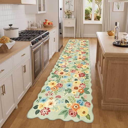 DUKINO 2x8 Washable Runner Rug, Floral Non Slip Kitchen Runner Rug, Green - Image 3