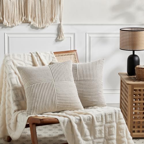 Fancy Homi 2 Packs Neutral Taupe Euro Decorative Throw Pillow Covers 28x28 Inch for Couch Bed Sofa, Rustic Farmhouse Boho Home Decor, Soft Corss Corduroy Patchwork Textured Square Cushion Case 71x71cm - Image 6
