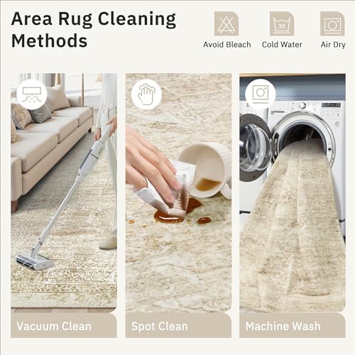 Soalmost 5x7 Area Rugs Beige/Ivory Washable Trendy Faded Style Floral Rugs - Image 5