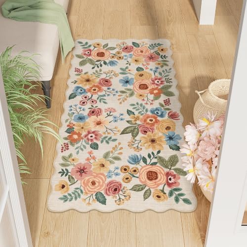 DUKINO 2x4 Rug for Entryway, Floral Washable Kitchen Rugs, Beige Yellow by DUKINO