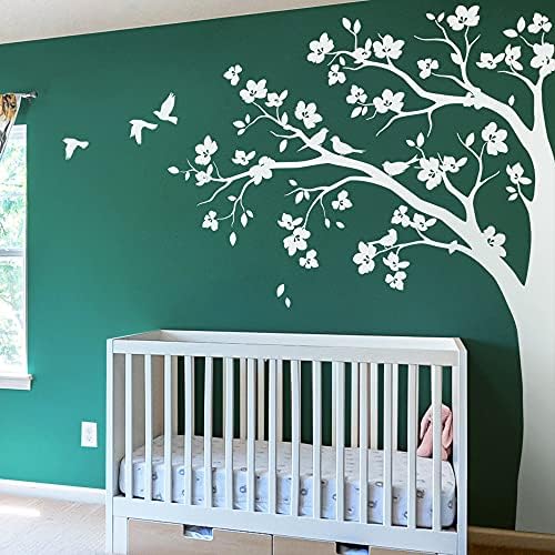 Large Corner Tree Wall Decal with Big Blossoms, Birds and Leaves Nursery Wall Art Sticker Mural 087 (Leaning Left, All White) by StudioQueeWallDecals