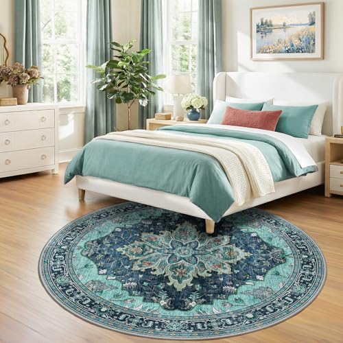 RELEANY Washable Area Rug, Round 7ft, Teal - Image 2