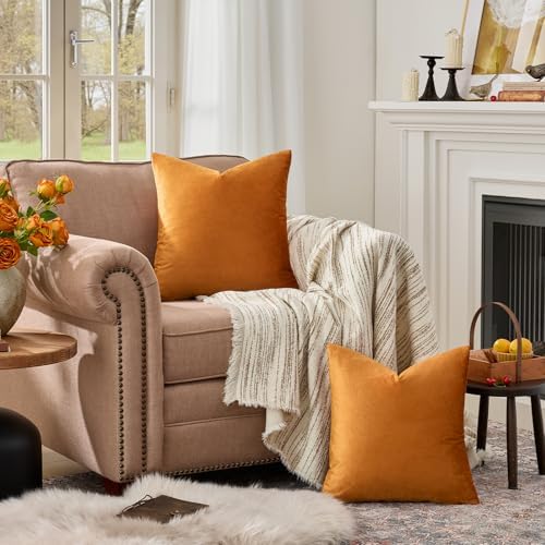 GIGIZAZA Orange Velvet Pillow Covers 22x22 Decorative Pillows Pack of 2 - Image 3