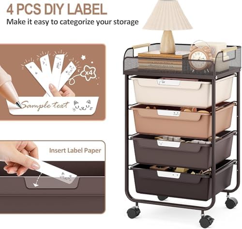 SYKIARIOL 4-Drawer Rolling Storage Cart with Mesh Top,Brown - Image 4
