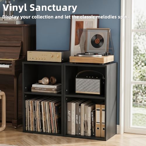 YAHARBO 2 Cube Bookshelf, Black Record Player Stand with Vinyl Storage Up to 100 Albums, Horizontal Book Shelf, Small Cubby Bookcase with Storage Organizer, Turntable Stand for Living Room, Bedroom - Image 4