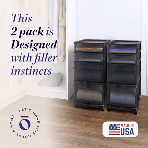 HOMZ Drawer Tower, 4-Tier Storage Cart with Removable Wheels, Black, 2 Pack - Image 3